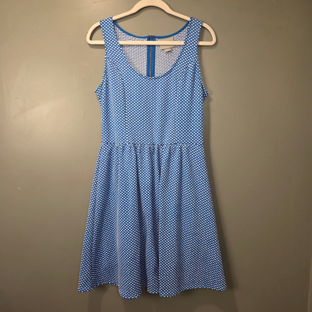 Anthropologie Maeve Caldera Dress Size L Blue & White Polka Dot Fit & Flare